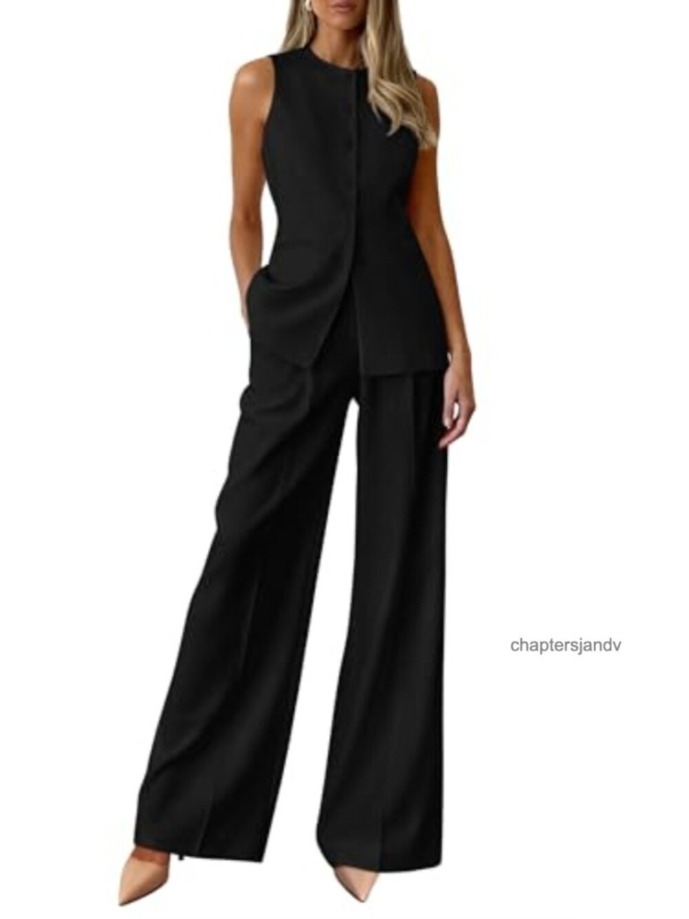 Women's 2 Piece Business Casual Pantsuit Set Sleeveless Vest Wide Leg Pants
